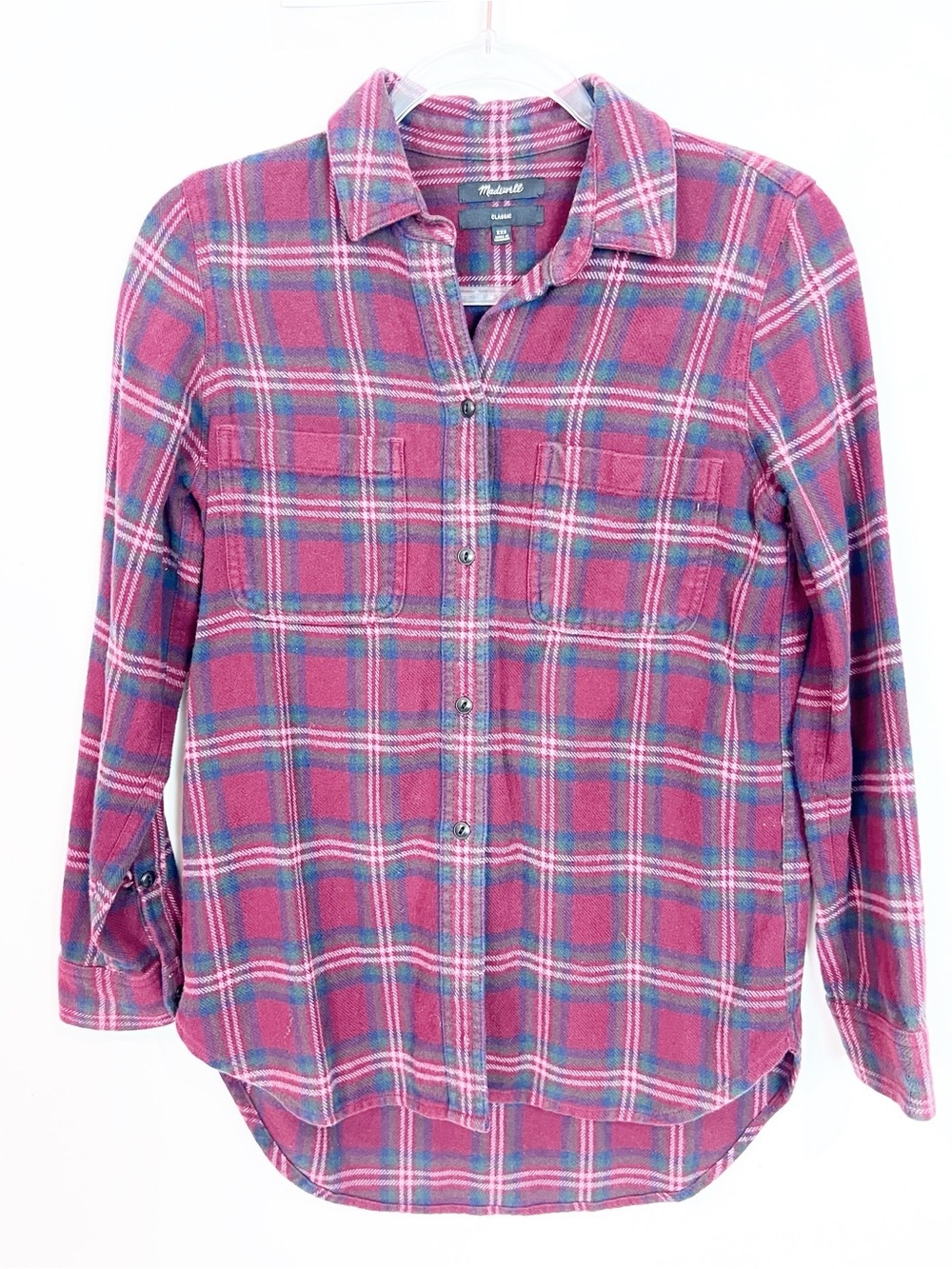 MADEWELL NAVY BURGUNDY PLAID FLANNEL LONG SLEEVE SHIRT WOMENS SZ XXS